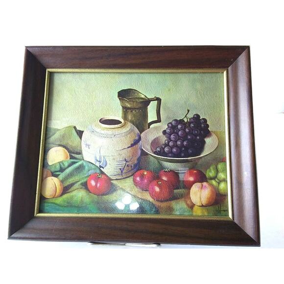 Fruit Print Tomatoes Grapes Jug And Bowl Textures 1970's - Picture 1 of 9